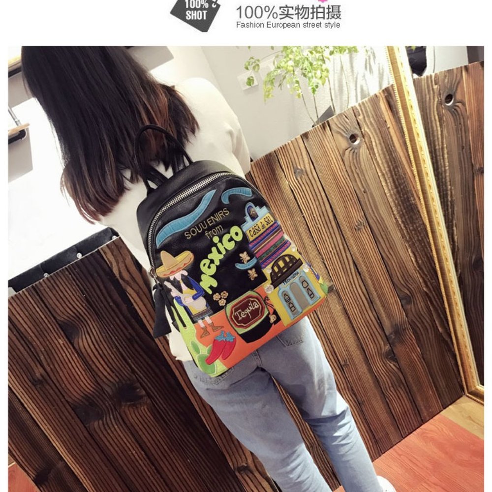 Women Leather Patchwork Embroidery Backpack